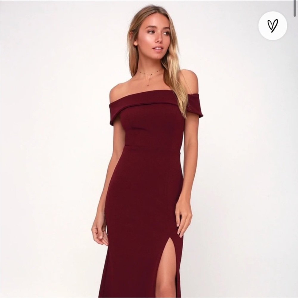 Lulu’s Aveline Burgundy Off the Shoulder Maxi Bridesmaid Dress